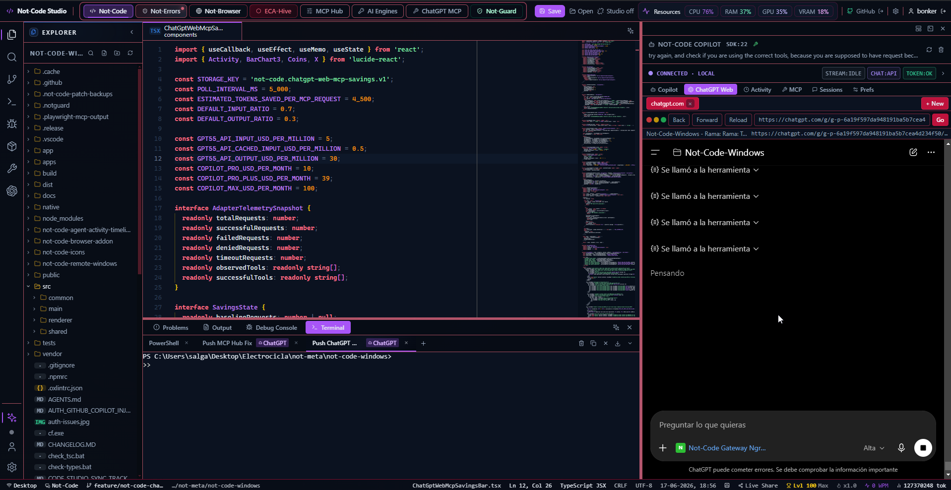 Not-Code Windows with ChatGPT Web integrated browser showing companion pane.